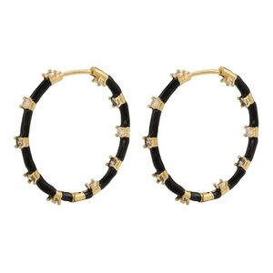 Goldtone  and Black Hoop Earrings with Accent Stones - Women Jewelry
